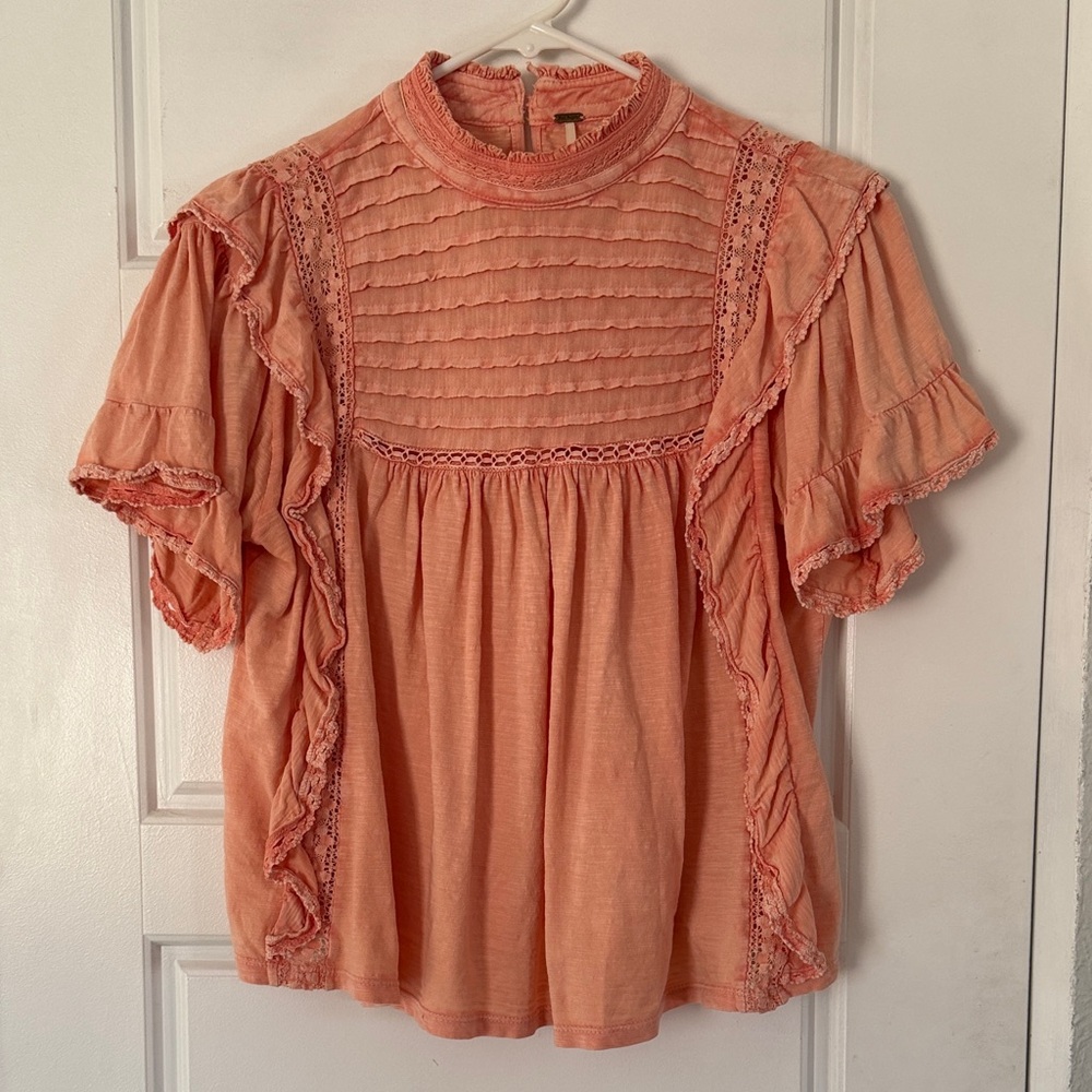 Free People Coral Ruffle Blouse